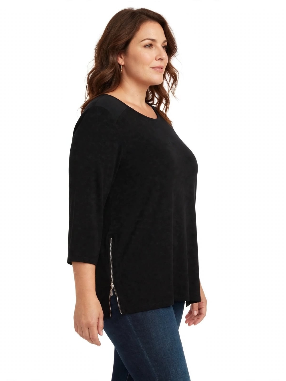 Chico's Black Tunic Top Size 3/ US XL 16 Side Silver Zip Hem Stretch Scoop